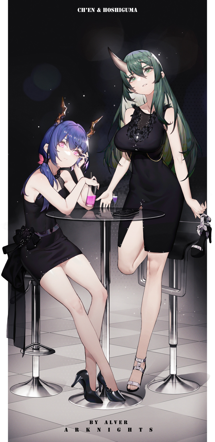 2girls absurdres alver arknights arm_up armpit_crease artist_name bangs black_dress black_footwear blue_hair breasts ch'en_(arknights) checkered closed_mouth commentary copyright_name cup dragon_horns dress drinking_glass full_body green_eyes green_hair hair_between_eyes hand_on_own_face hand_up head_rest high_heels highres holding holding_cup horns hoshiguma_(arknights) huge_filesize large_breasts legs light_particles long_hair looking_at_viewer multiple_girls open_mouth parted_lips pink_eyes sandals sandals_removed shoes single_horn sitting sleeveless sleeveless_dress standing standing_on_one_leg stool table toes