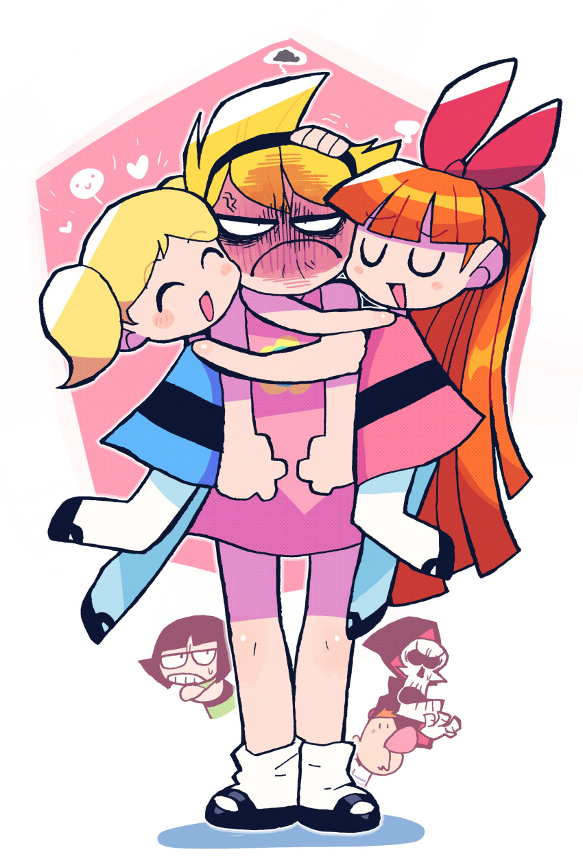 2boys 4girls :d absurdly_long_hair absurdres anger_vein angry belt billy_(grim_adventures) black_belt black_footwear blonde_hair blossom_(ppg) blue_dress blush blush_stickers bubbles_(ppg) buttercup_(ppg) cartoon_network closed_mouth constricted_pupils crossover dress embarrassed full-face_blush girl_sandwich green_dress grim_(grim_adventures) headpat height_difference highres hood hood_up hug jitome long_hair looking_at_viewer mandy_(grim_adventures) multiple_boys multiple_girls open_mouth orange_hair pantyhose pink_dress pink_shirt powerpuff_girls rariatto_(ganguri) sandwiched shirt shoes skeleton skull smile socks tall the_grim_adventures_of_billy_&amp;_mandy twintails u_u very_long_hair white_legwear