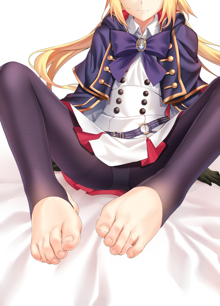 1girl absurdres artoria_pendragon_(caster)_(fate) artoria_pendragon_(fate) belt black_gloves black_legwear blonde_hair blue_cape breasts buttons cape double-breasted dress fate/grand_order fate_(series) feet gloves highres hood hooded_cape legs long_hair long_sleeves multicolored multicolored_cape multicolored_clothes pantyhose red_cape sitting small_breasts solo toeless_legwear toes twintails white_dress xo_(xo17800108)