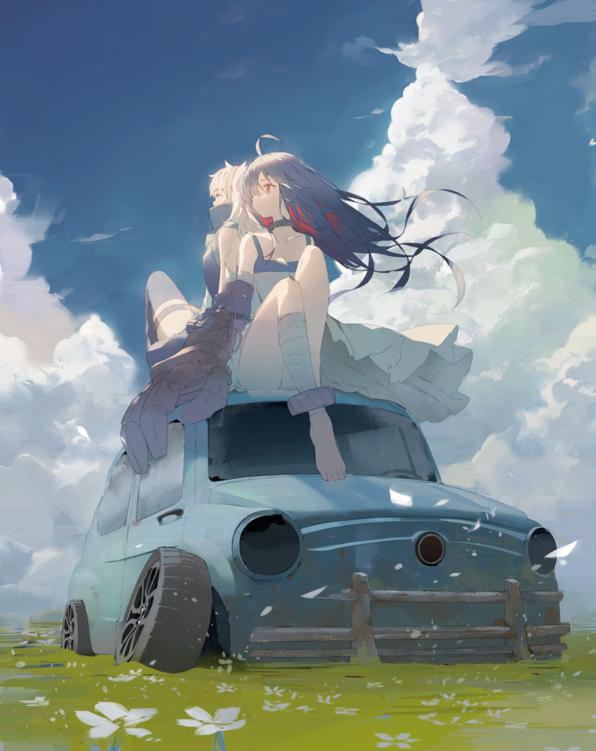 2girls ahoge alchemy_stars bandaged_leg bandages bangs black_hair car collar colored_inner_hair day dress eve_(alchemy_stars) grey_hair ground_vehicle high_collar highres long_hair looking_to_the_side mechanical_arms motor_vehicle multicolored_hair multiple_girls natsumoka outdoors single_mechanical_arm sitting thigh-highs wind