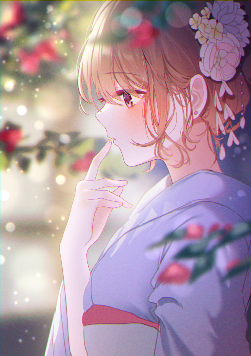 1girl absurdres bangs blue_kimono blurry blurry_background blurry_foreground blush brown_eyes earrings eyebrows_visible_through_hair finger_to_mouth flower from_side hair_bun hair_flower hair_ornament highres japanese_clothes jewelry kimono light_brown_hair looking_down original reel_(riru)