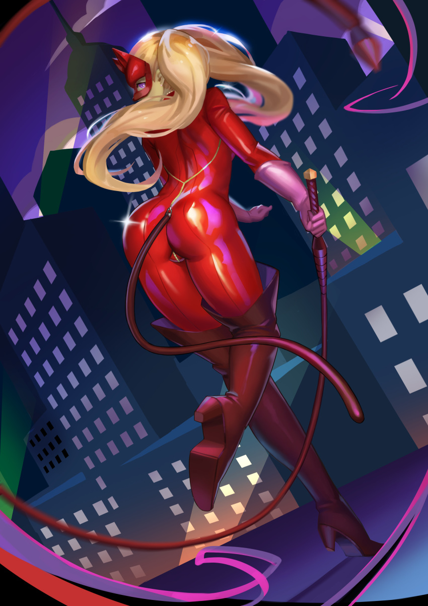1girl absurdres ass blonde_hair bodysuit boots city gloves high_heel_boots high_heels highres long_hair looking_at_viewer mask mato_kuroi persona persona_5 skin_tight solo takamaki_anne twintails violet_eyes whip