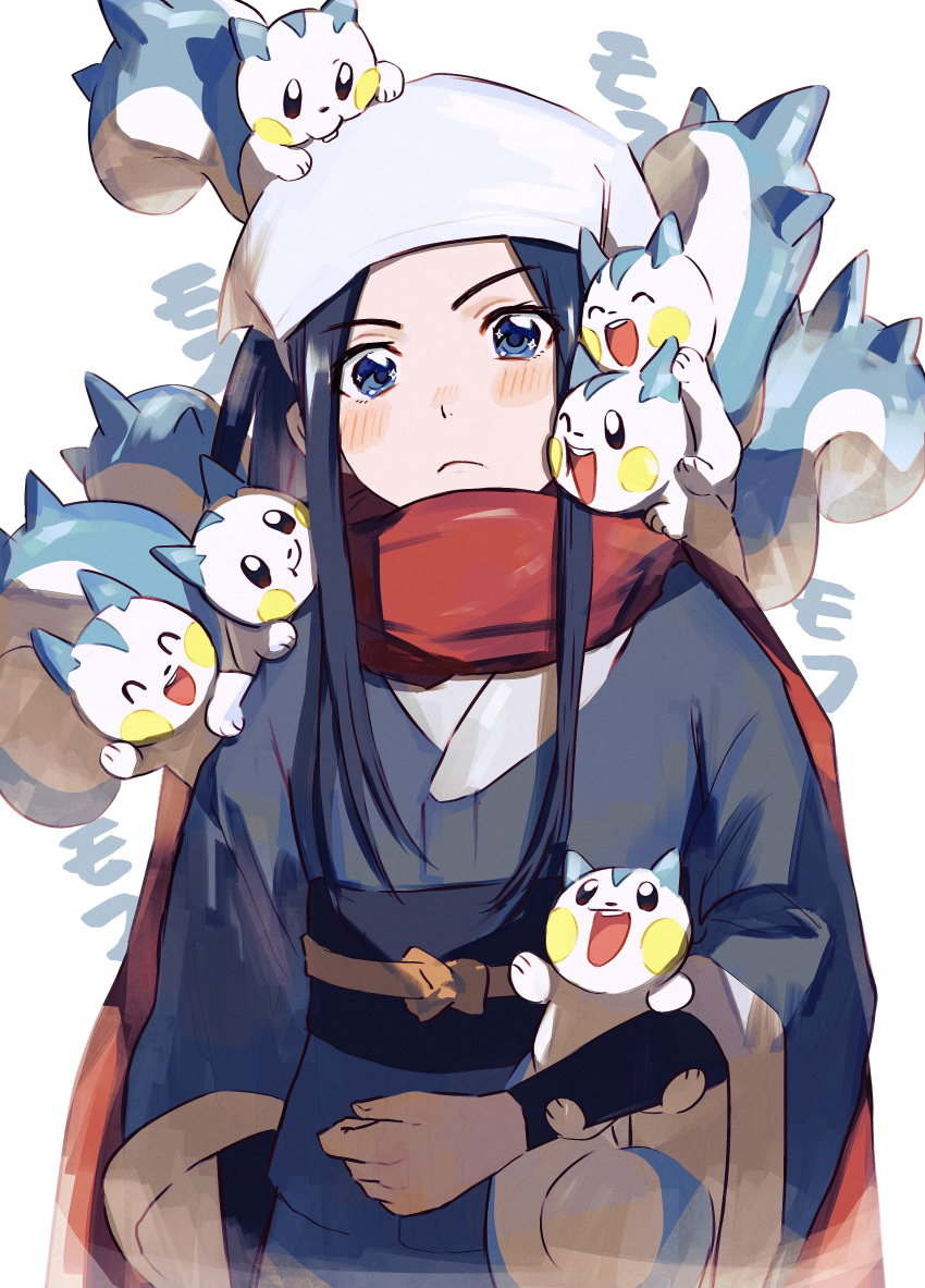 1girl absurdres akari_(pokemon) akari_(pokemon)_(cosplay) asirpa black_undershirt blue_eyes blush closed_mouth commentary_request cosplay crossover eyelashes gen_4_pokemon golden_kamuy hamachamu head_scarf highres jacket long_hair looking_at_viewer on_head pachirisu pokemon pokemon_(creature) pokemon_(game) pokemon_legends:_arceus pokemon_on_head red_scarf sash scarf sidelocks undershirt upper_body white_headwear