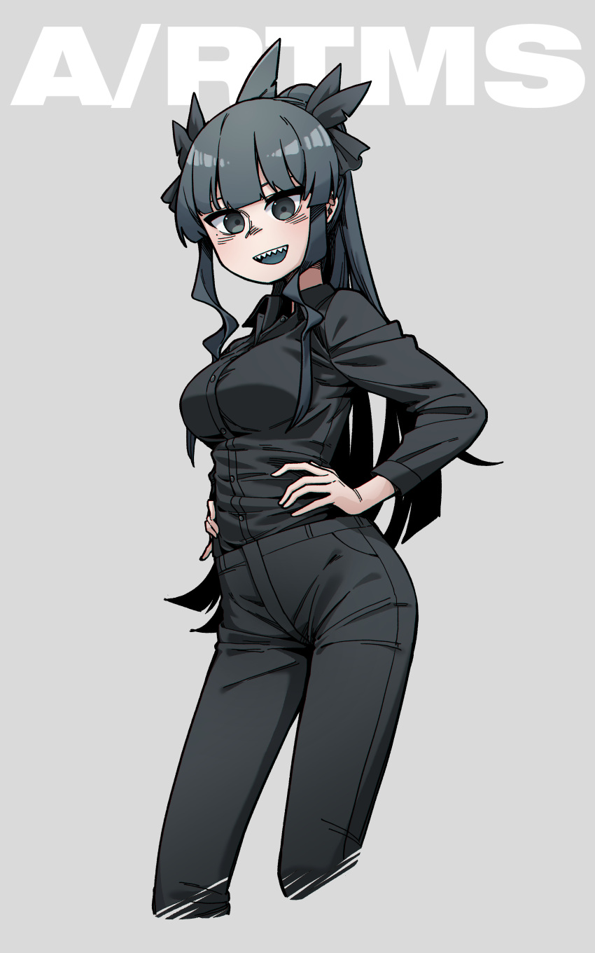 1girl absurdres artemis_of_the_blue bangs black_legwear black_shirt blue_eyes blue_hair breasts buttons character_name collared_shirt colored_tongue contrapposto cowboy_shot cropped_legs dress_shirt hands_on_hips highres large_breasts long_hair long_sleeves looking_at_viewer open_collar open_mouth pants sharp_teeth shirt shirt_tucked_in skin_tight solo teeth virtual_youtuber waffle_drink