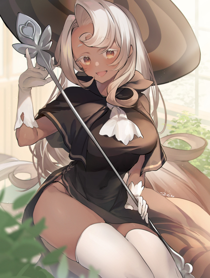 1girl artist_name ascot bangs black_panties blush breasts brown_capelet brown_dress brown_eyes brown_headwear capelet commentary_request cookie_run covered_navel curly_hair dark-skinned_female dark_skin dress elbow_gloves gloves hand_up hat heart highres holding holding_staff large_breasts latte_cookie leaf long_hair looking_at_viewer panties panty_peek shinia side_slit signature sitting skindentation smile solo staff swept_bangs thigh-highs thighs underwear very_long_hair white_ascot white_gloves white_hair white_legwear white_neckwear witch_hat