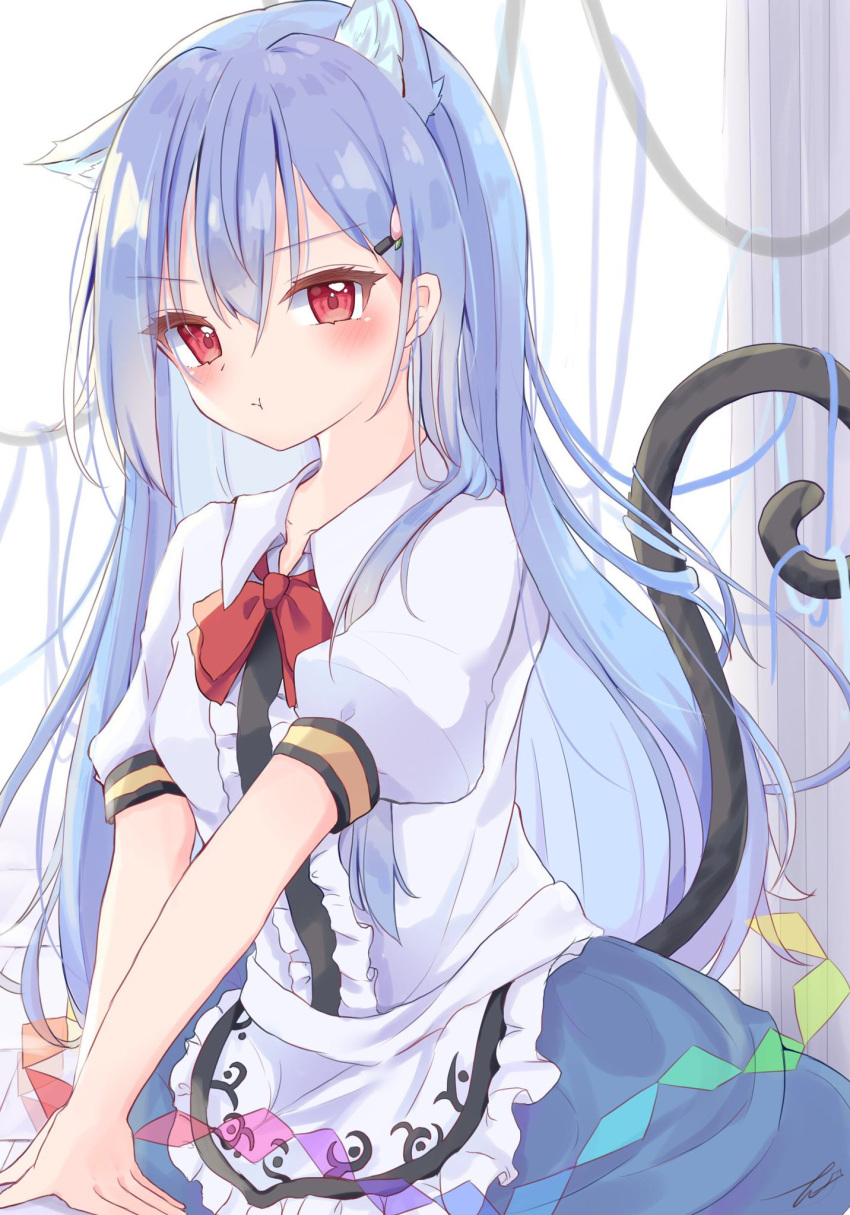 1girl animal_ear_fluff animal_ears bangs blue_hair blue_skirt blush bow bowtie cat_ears cat_tail closed_mouth commentary_request extra_ears eyebrows_visible_through_hair hair_between_eyes highres hinanawi_tenshi kemonomimi_mode korira long_hair looking_at_viewer no_hat no_headwear pout puffy_short_sleeves puffy_sleeves rainbow_order red_bow red_eyes red_neckwear shirt short_sleeves skirt solo tail touhou white_shirt