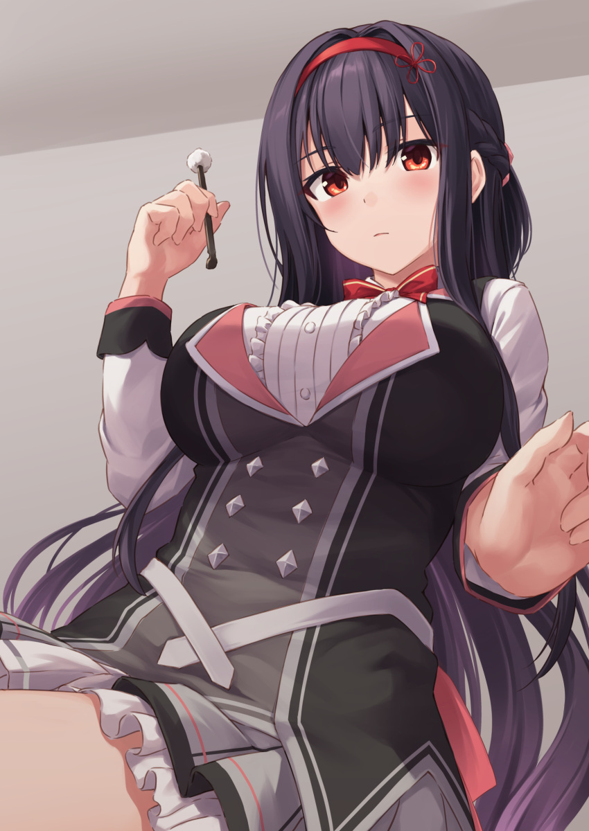 1girl bangs black_hair blush braid breasts closed_mouth ear_cleaning eyebrows_visible_through_hair frills from_below hairband hand_up highres holding large_breasts long_hair looking_at_viewer looking_down mimikaki neck_ribbon original pleated_skirt pov rebutsu red_eyes ribbon school_uniform sitting skirt solo very_long_hair