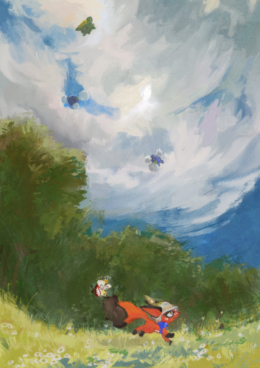 aomidori_iro clouds cutiefly day flower gen_2_pokemon gen_7_pokemon gen_8_pokemon grass hanging highres jumpluff looking_up nickit no_humans outdoors pokemon pokemon_(creature) skiploom sky white_flower