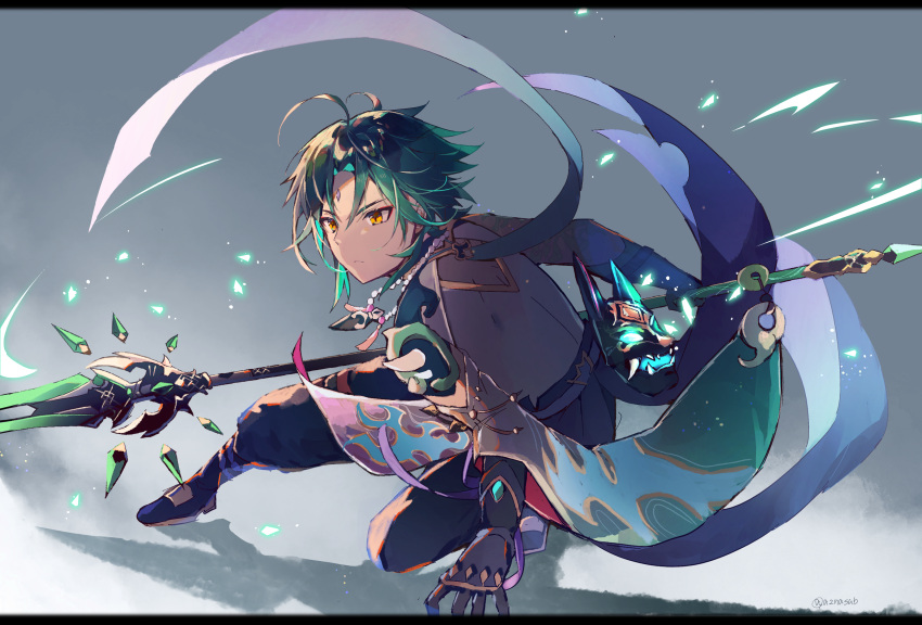 1boy ahoge arm_guards armor azna bangs bead_necklace beads black_gloves closed_mouth commentary diamond-shaped_pupils diamond_(shape) eyeshadow fighting_stance full_body genshin_impact gloves green_hair highres holding holding_weapon jewelry long_sleeves makeup male_focus mask medium_hair multicolored_hair necklace orange_eyes polearm red_eyeshadow shoulder_armor single_shoulder_pad solo squatting symbol-shaped_pupils tsurime twitter_username two-tone_hair v-shaped_eyebrows weapon xiao_(genshin_impact)