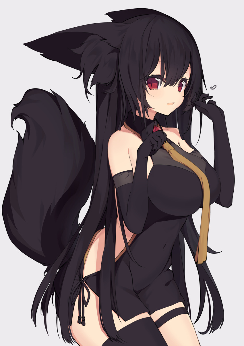 1girl animal_ear_fluff animal_ears bangs bare_shoulders black_dress black_gloves black_hair black_legwear breasts brown_neckwear collared_dress commentary_request covered_navel dress elbow_gloves eyebrows_visible_through_hair gloves grey_background hair_between_eyes hands_up heart highres large_breasts long_hair original parted_lips paryi red_eyes simple_background single_thighhigh sleeveless sleeveless_dress solo tail_raised thigh-highs very_long_hair