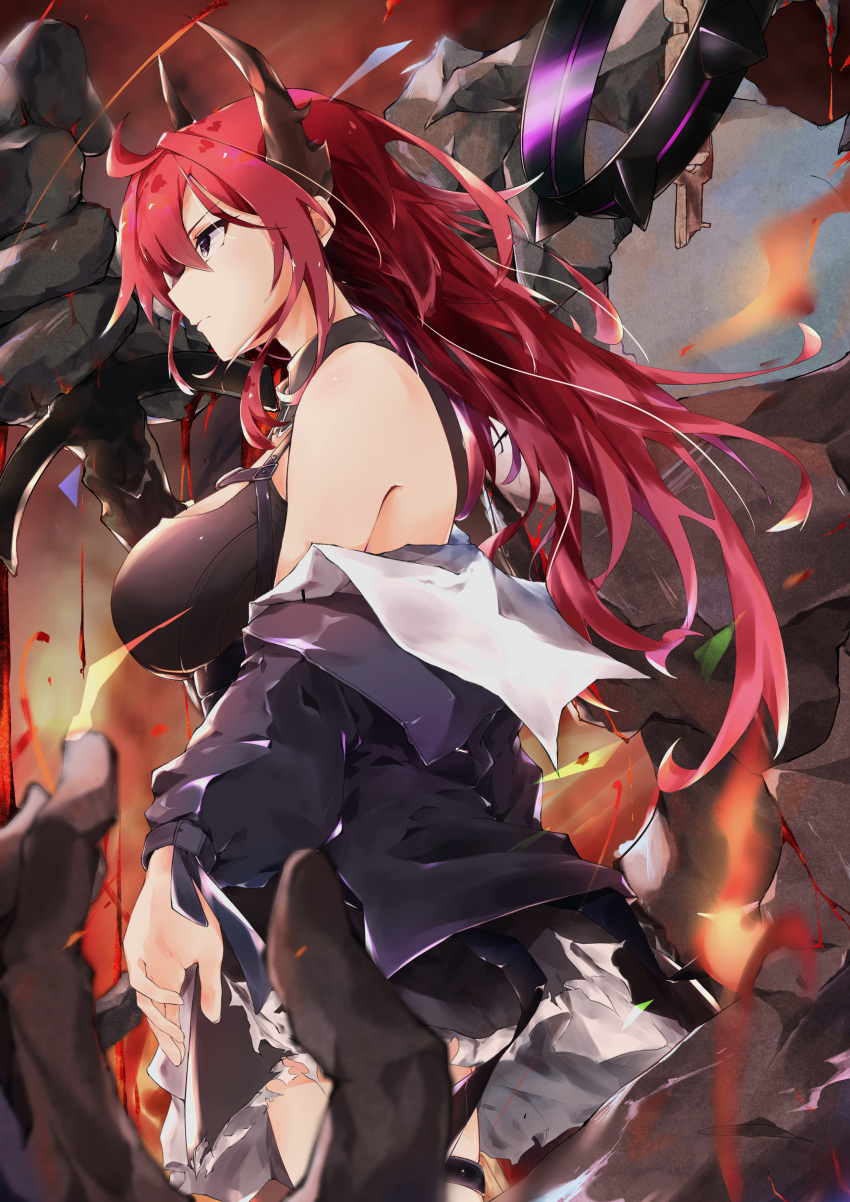 1girl absurdres arknights breasts chest_strap demon_girl demon_horns from_side highres horns large_breasts molten_rock redhead slit_pupils solo surtr_(arknights) tamazon
