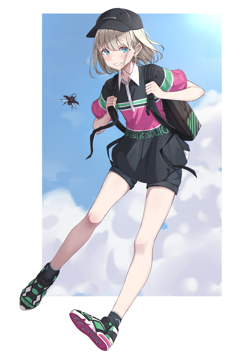 1girl absurdres backpack bag bangs bare_legs baseball_cap beetle black_headwear black_shirt black_shorts blue_eyes blush border bug clothes_writing collarbone commentary_request earrings eyebrows_visible_through_hair full_body grin hair_between_eyes hands_up hat highres holding_strap idolmaster idolmaster_shiny_colors insect jewelry light_brown_hair looking_at_viewer serizawa_asahi shirt shoes short_hair short_shorts short_sleeves shorts smile solo sweat tamago_(eva1314056)