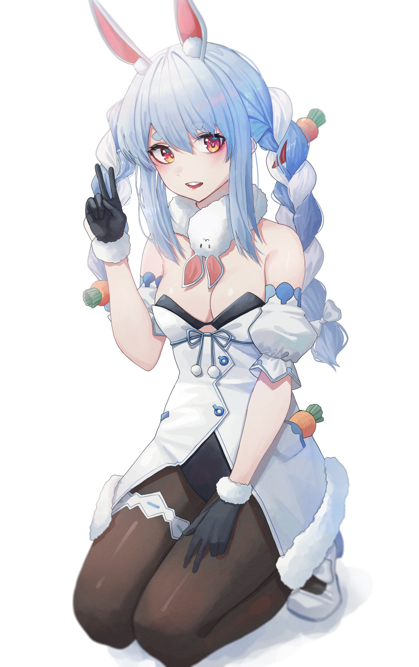 1girl absurdres animal_ear_fluff animal_ears bangs black_leotard blue_hair blush bow braid brown_legwear bunny-shaped_pupils carrot_hair_ornament commentary detached_sleeves domi_(hongsung0819) dress eyebrows_visible_through_hair food-themed_hair_ornament fur-trimmed_dress fur_trim hair_between_eyes hair_bow hair_ornament highres hololive leotard long_hair looking_at_viewer multicolored_hair open_mouth pantyhose puffy_short_sleeves puffy_sleeves rabbit_ears red_eyes shoes short_eyebrows short_sleeves simple_background smile solo thick_eyebrows thigh_strap twin_braids twintails two-tone_hair upper_teeth usada_pekora virtual_youtuber white_background white_bow white_dress white_footwear white_hair
