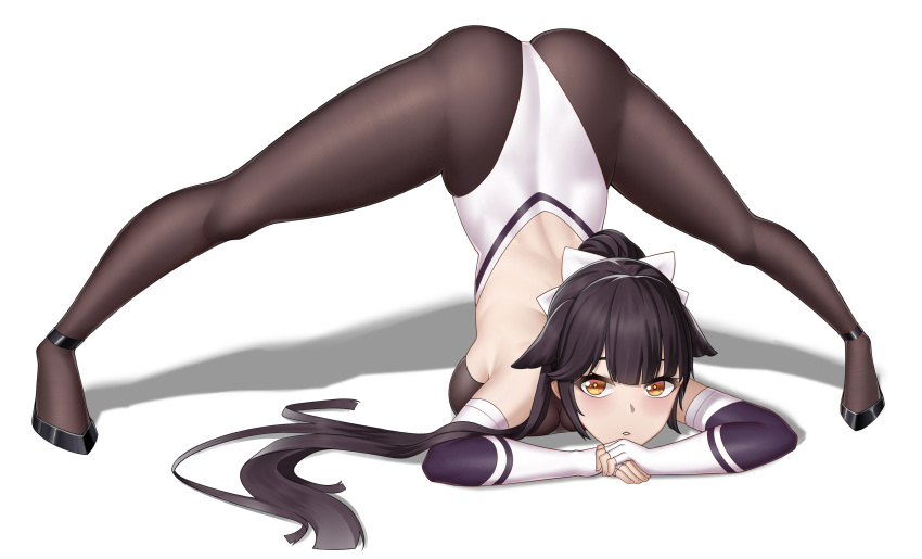 1girl absurdres animal_ears arm_rest ass azur_lane black_hair black_legwear breasts commentary_request dog_ears fingerless_gloves full_body gloves hair_ears hair_flaps hands_on_ground highres huahuademaomaotou jack-o'_challenge large_breasts leotard long_hair meme multicolored_leotard pantyhose ponytail racequeen shadow simple_background solo takao_(azur_lane) takao_(full_throttle_charmer)_(azur_lane) top-down_bottom-up two-tone_leotard white_background white_gloves white_leotard wide_spread_legs