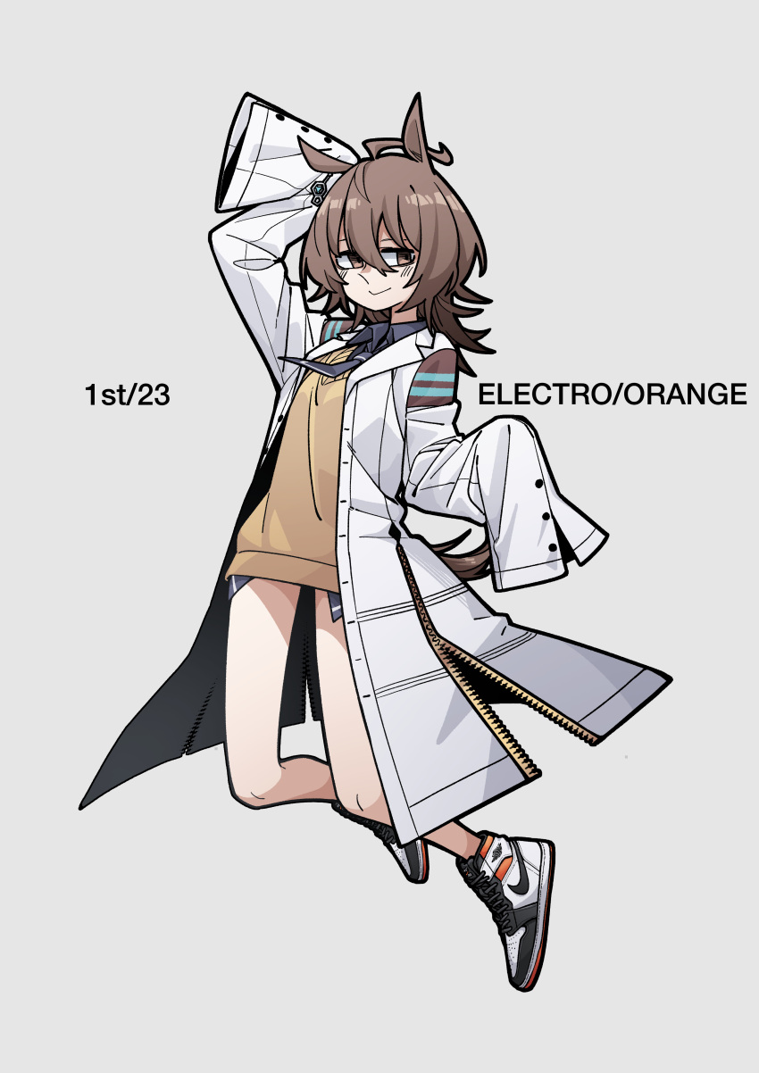 1girl absurdres agnes_tachyon_(umamusume) ahoge alternate_footwear animal_ears black_neckwear brown_eyes brown_hair chemical_structure commentary earrings english_commentary english_text grey_background highres horse_ears horse_girl horse_tail jewelry labcoat long_sleeves messy_hair necktie no_pants shoes short_hair short_necktie simple_background single_earring sleeves_past_fingers sleeves_past_wrists sneakers solo sweater tail umamusume waffle_drink yellow_sweater