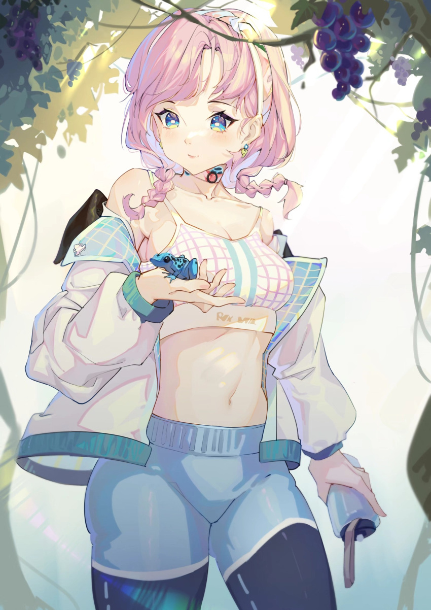 1girl animal arknights bangs bare_shoulders blue_eyes blue_pants blue_poison_(arknights) blue_poison_(shoal_beat)_(arknights) blue_shorts braid breasts choker commentary cowboy_shot crop_top earrings frog highres holding holding_animal jacket jewelry leggings long_hair long_sleeves luomuzhen medium_breasts midriff navel off_shoulder open_clothes open_jacket pants pink_choker pink_hair poison_dart_frog short_shorts shorts solo spaghetti_strap sports_bra standing stomach thighs twin_braids white_jacket