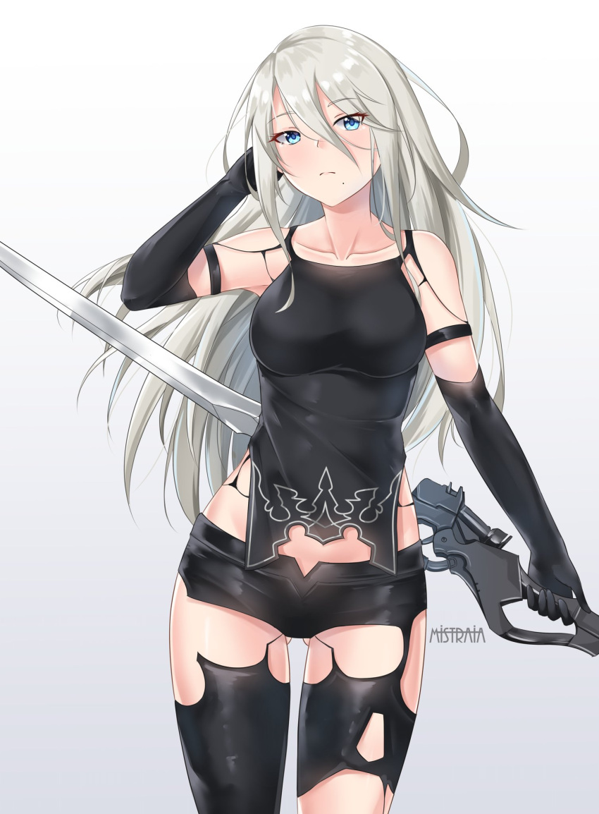 1girl android armlet ass_visible_through_thighs black_gloves black_legwear black_shorts black_tank_top blue_eyes breasts closed_mouth collarbone commentary elbow_gloves english_commentary eyebrows_visible_through_hair gloves hair_between_eyes highres holding holding_sword holding_weapon joints long_hair mistraia mole mole_under_mouth nier_(series) nier_automata robot_joints shorts signature simple_background solo sword tank_top type-4o_sword very_long_hair weapon yorha_type_a_no._2