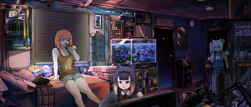 3girls absurdres air_conditioner aquarium bangs bed blinds blonde_hair blue_eyes blue_hair blunt_bangs blush boom_microphone bubba_(watson_amelia) bug character_doll chest_of_drawers clock coffee_mug cup door eyebrows_visible_through_hair fish fish_tank food gawr_gura hair_ornament highres hololive hololive_english insect long_hair mug multicolored_hair multiple_girls ninomae_ina'nis open_mouth phone pizza pizza_box pointy_ears purple_hair room sandwich shoes shorts silver_hair soda_bottle streaked_hair tank_top tentacle_hair very_long_hair virtual_youtuber vyragami walfie_(style) water watson_amelia white_hair