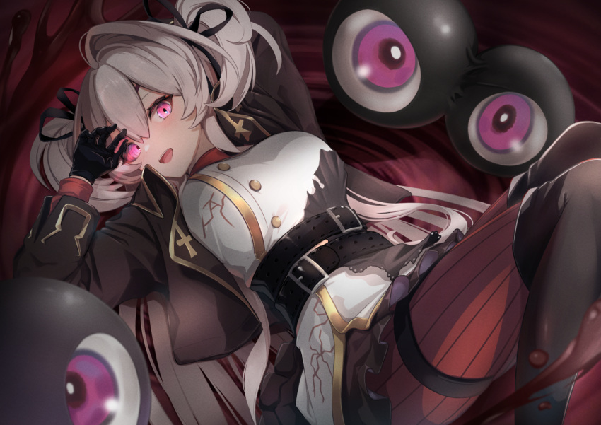 1girl alchemy_stars arm_behind_head bangs belt black_gloves breasts eicy_(alchemy_stars) eyeball feet_out_of_frame gloves glowing glowing_eyes grey_hair hand_up jacket knees_up large_breasts long_hair long_sleeves looking_at_viewer lying no_eyepatch nokke_o on_back open_clothes open_jacket open_mouth pink_eyes smile solo thigh-highs two_side_up violet_eyes