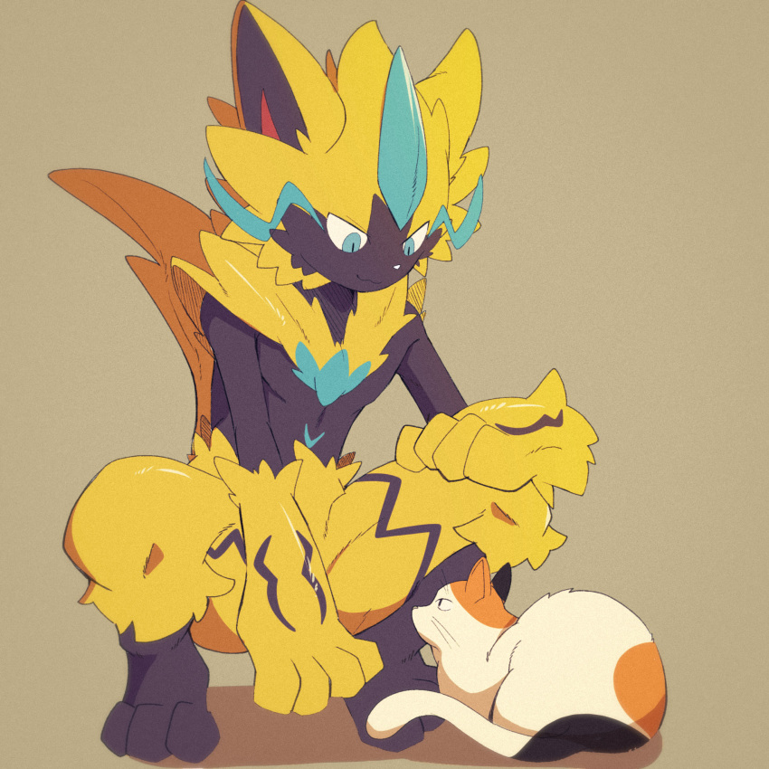 cat closed_mouth commentary_request furry gen_7_pokemon highres mythical_pokemon nata_de_coco_(pankptomato) pokemon pokemon_(creature) shiny smile spread_legs squatting toes yellow_fur zeraora