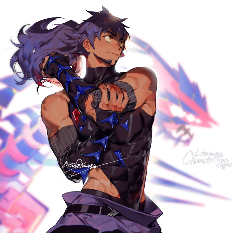 1boy bangs bare_shoulders belt black_belt bodysuit bright_pupils closed_mouth commentary_request covered_abs dark-skinned_male dark_skin detached_sleeves eternatus facial_hair fingerless_gloves floating_hair gen_8_pokemon gloves highres legendary_pokemon leon_(pokemon) long_hair looking_to_the_side making-of_available male_focus muscular muscular_male official_alternate_costume pigeon666 pokemon pokemon_(creature) pokemon_(game) pokemon_masters_ex ponytail purple_hair signature smile stretch white_pupils yellow_eyes