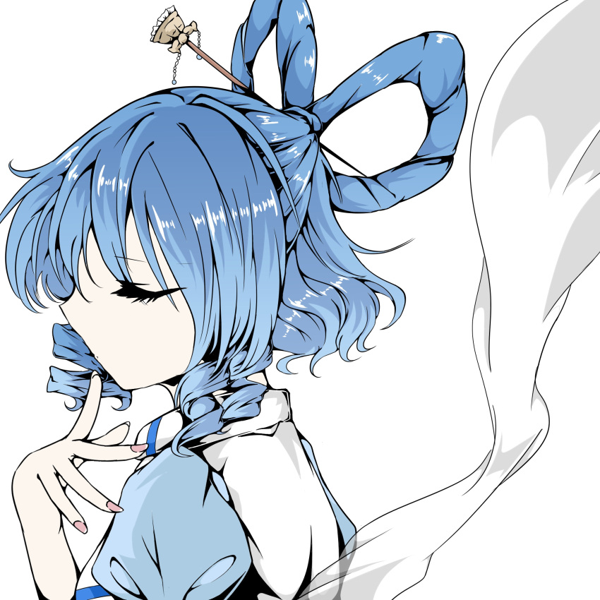 1girl bangs blue_dress closed_eyes closed_mouth commentary_request creepingbarrett dress drill_hair drill_locks eyebrows_visible_through_hair finger_to_mouth from_side hagoromo hair_ornament hair_rings hair_stick hand_up highres kaku_seiga profile puffy_short_sleeves puffy_sleeves shawl short_hair short_sleeves simple_background solo touhou twin_drills upper_body vest white_background white_vest