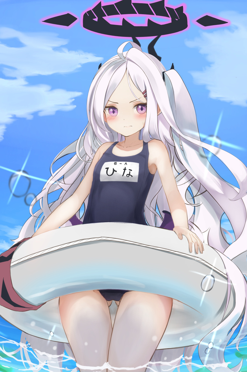 1girl 3: absurdres bangs blue_archive blue_sky blue_swimsuit clouds cloudy_sky commentary_request demon_girl demon_horns demon_wings eyebrows_visible_through_hair hair_ornament hairclip halo highres hina_(blue_archive) holding horns innertube lifebuoy long_hair looking_at_viewer micchamu name_tag old old_woman sidelocks sky solo swimsuit translation_request violet_eyes whistle whistle_around_neck white_hair wings