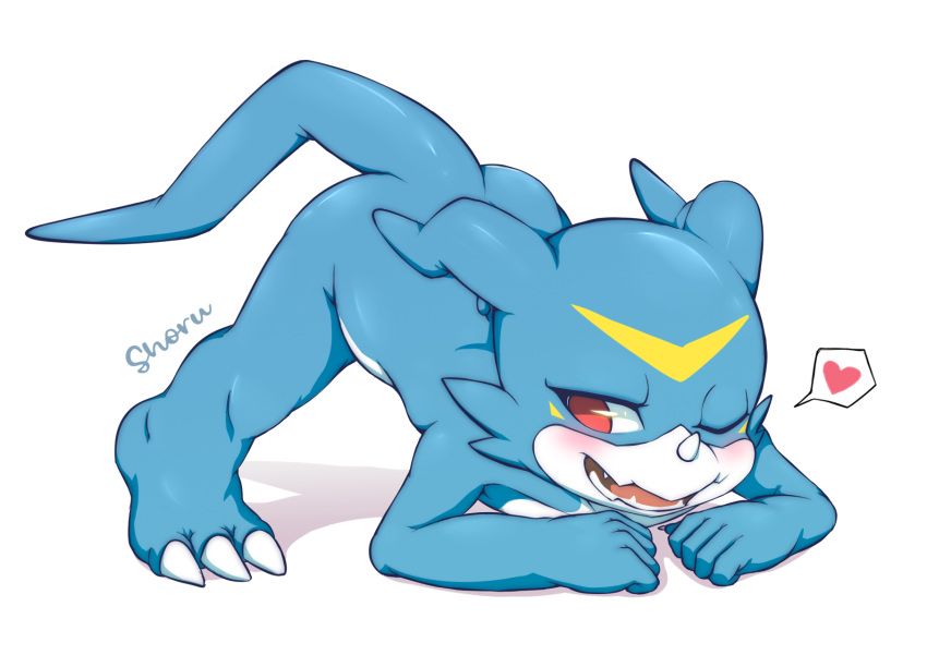1boy bangs blue_skin claws colored_skin commentary_request digimon digimon_(creature) fang full_body furry furry_male heart highres horns jack-o'_challenge meme open_mouth red_eyes shoru_(nion_bubble) simple_background single_horn solo spoken_heart spread_legs top-down_bottom-up veemon white_skin