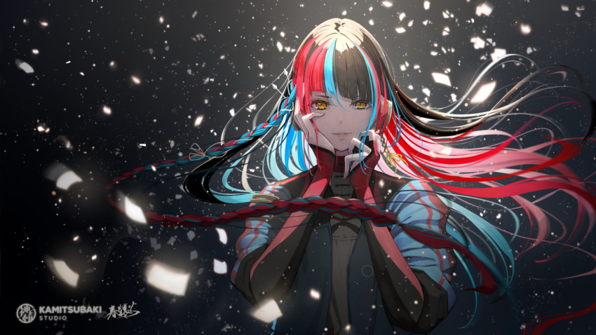 1girl bangs black_hair blue_hair blue_jacket braid bridal_gauntlets commentary_request copyright_name eyebrows_visible_through_hair floating_hair hair_between_eyes hands_up harusaruhi headphones hoshizaki_reita jacket kamitsubaki_studio long_hair looking_at_viewer multicolored_hair official_art open_clothes open_jacket parted_lips redhead shirt short_sleeves smile solo two-tone_hair upper_body very_long_hair virtual_youtuber white_shirt yellow_eyes