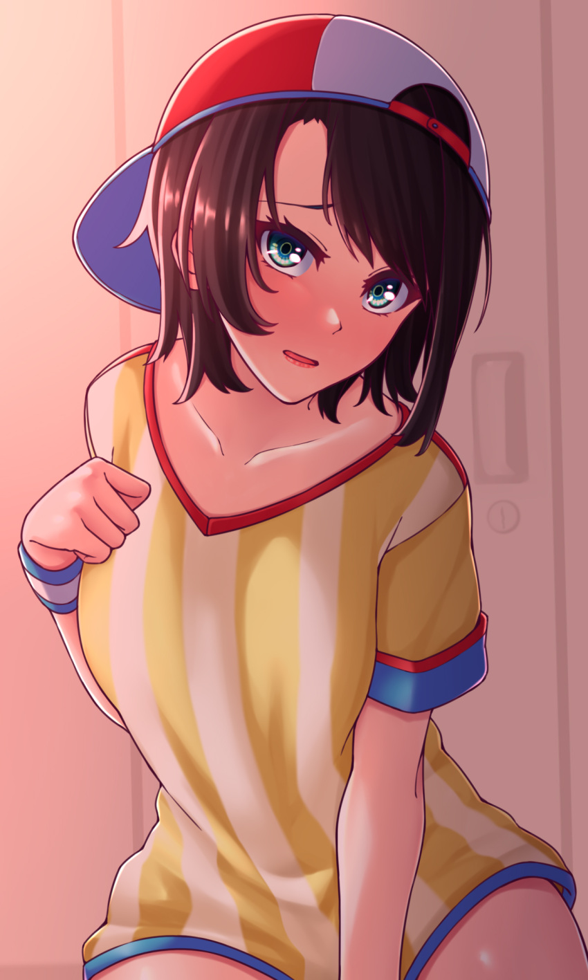 1girl backwards_hat bangs baseball_cap black_hair blue_eyes blush breasts collarbone covering covering_crotch hat highres hololive loose_clothes loose_shirt oozora_subaru open_mouth oversized_clothes oversized_shirt red_headwear shirt short_hair solo striped striped_shirt sweatband swept_bangs t-shirt thighs two-tone_headwear vertical-striped_shirt vertical_stripes virtual_youtuber white_headwear white_shirt wristband yellow_shirt zellam