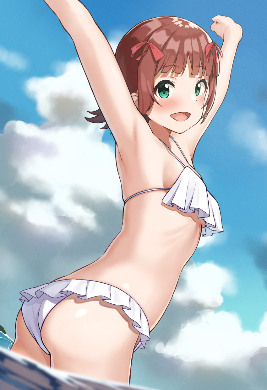 1girl :d absurdres amami_haruka armpits arms_up ass bangs bikini blue_sky blunt_bangs breasts brown_hair clouds commentary_request cowboy_shot day dutch_angle eyebrows_visible_through_hair frilled_bikini frills from_behind green_eyes hair_ribbon highres huge_filesize idolmaster idolmaster_(classic) looking_at_viewer looking_back open_mouth outdoors red_ribbon ribbon short_hair sideboob sky small_breasts smile solo swimsuit wading wanimaru water white_bikini