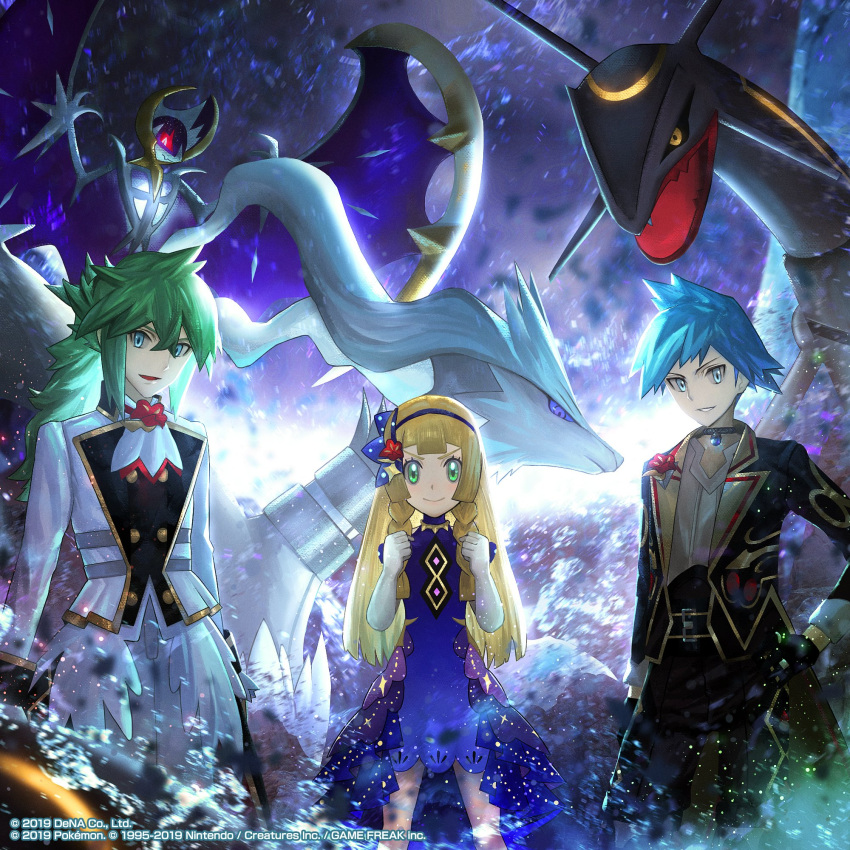 1girl 2boys alternate_color blonde_hair blue_hair copyright dress formal gen_3_pokemon gen_5_pokemon gen_7_pokemon green_hair highres legendary_pokemon lillie_(pokemon) looking_at_viewer lunala multiple_boys n_(pokemon) official_alternate_costume official_art pokemon pokemon_(creature) pokemon_(game) pokemon_masters_ex rayquaza reshiram shiny_pokemon smile steven_stone