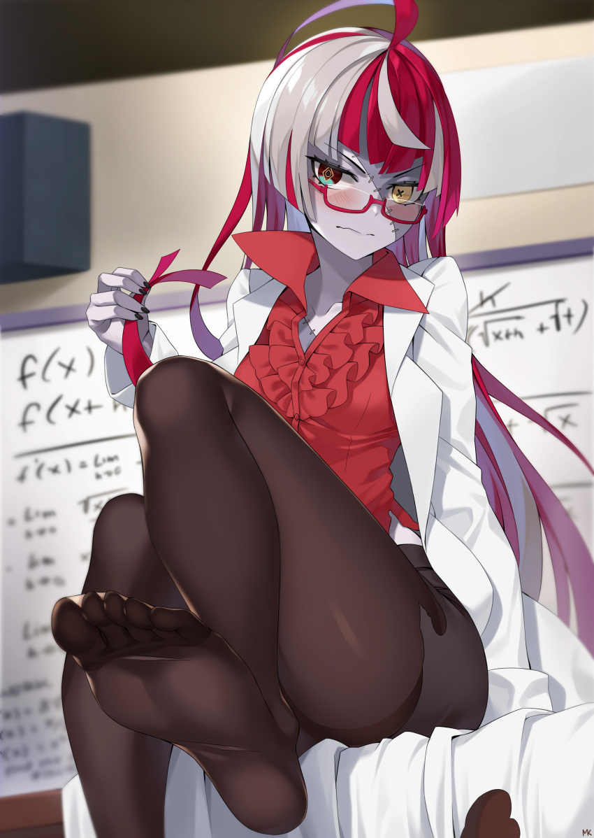 1girl absurdres ahoge alternate_costume alternate_hairstyle bespectacled blurry blush breasts calculus collared_shirt depth_of_field feet glasses green_eyes hair_down heterochromia highres hololive hololive_indonesia kureiji_ollie labcoat long_hair math miniskirt mismatched_pupils mk_(lazymk) multicolored multicolored_eyes no_shoes pantyhose pencil_skirt red-framed_eyewear red_eyes red_shirt semi-rimless_eyewear shirt sitting skirt small_breasts solo under-rim_eyewear very_long_hair virtual_youtuber wavy_mouth whiteboard yellow_eyes