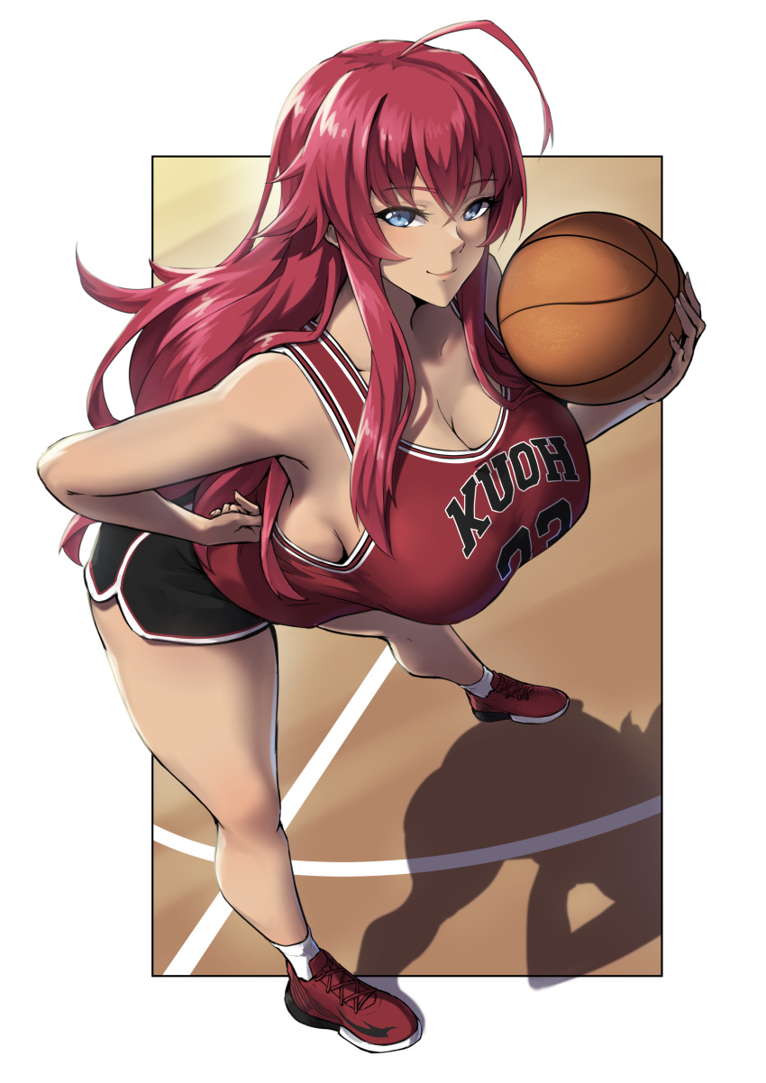 1girl absurdres ahoge ball bangs basketball basketball_uniform bent_over blue_eyes breasts eyebrows_visible_through_hair hair_between_eyes hand_on_hip high_school_dxd highres holding holding_ball large_breasts long_hair looking_at_viewer no_bra packge redhead rias_gremory smile solo sportswear standing very_long_hair