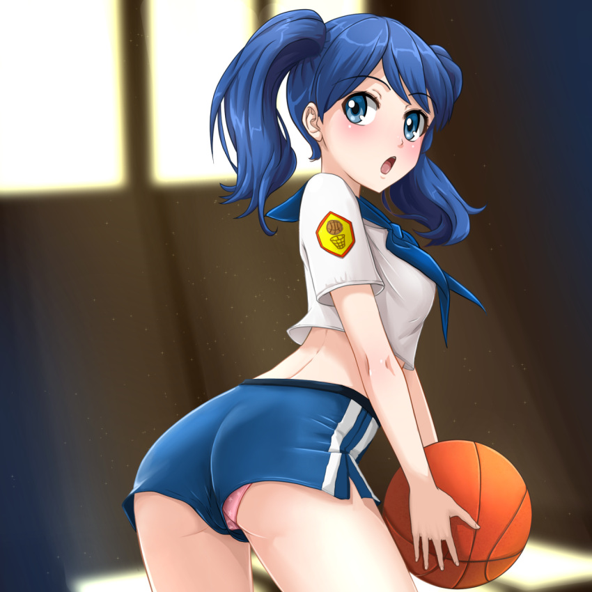 1girl :o ass ball bangs basketball blue_eyes blue_hair blue_neckwear blue_shorts blush breasts commentary crop_top emblem everlasting_summer eyebrows_visible_through_hair from_side highres holding holding_ball huyase indoors light_particles looking_at_viewer midriff open_mouth panties pink_panties samantha_reed_smith shirt short_shorts short_sleeves shorts solo surprised twintails underwear upper_body white_shirt window