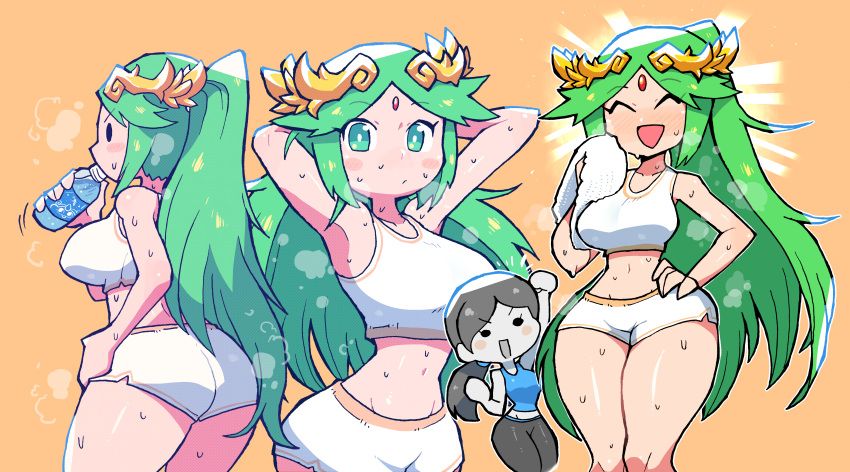 2girls ^_^ ^o^ absurdres alternate_costume ass black_eyes blue_tank_top blush_stickers bottle breasts clenched_hand closed_eyes determined fist_pump forehead_jewel green_eyes gym_uniform hand_on_hip highres kid_icarus large_breasts long_hair motivator multiple_girls multiple_views narrow_waist palutena pants rariatto_(ganguri) shirt shorts steam steaming_body super_smash_bros. sweat sweatdrop tank_top towel water water_bottle white_shirt white_shorts wide_hips wii_fit wii_fit_trainer wii_fit_trainer_(female) yoga_pants