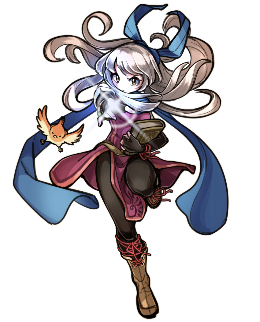 1girl absurdres bangs belt bird black_gloves black_legwear blue_scarf book book_hug boots dress elbow_gloves fingerless_gloves fire_emblem fire_emblem:_radiant_dawn foreshortening gloves hair_ribbon half_updo highres holding holding_book leg_up long_hair looking_at_viewer micaiah_(fire_emblem) outstretched_arm pantyhose ribbon sbql_(niaunclefan) scarf serious side_slit silver_hair simple_background sleeveless sleeveless_dress solo sparkle white_background yellow_eyes yune_(fire_emblem)