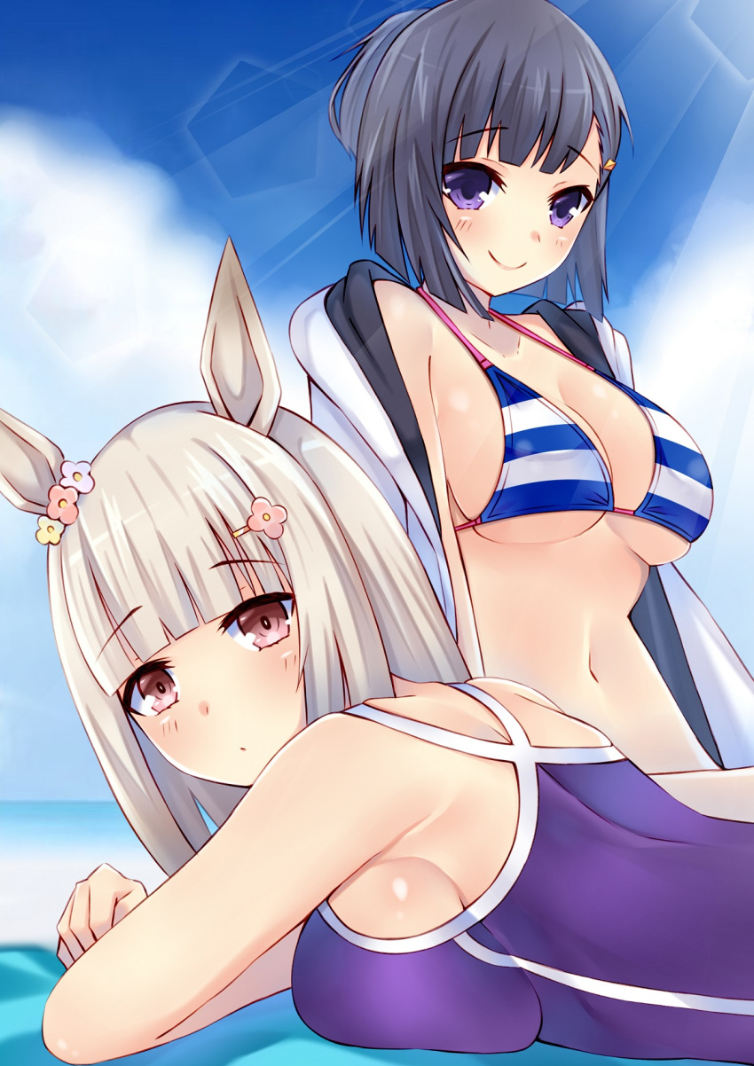 2girls animal_ears bangs beach beach_mat bikini bikini_top black_hair blunt_bangs blurry blurry_background bob_cut breasts brown_eyes competition_school_swimsuit depth_of_field ear_ornament eyebrows_visible_through_hair flower hair_flower hair_ornament hairclip happy_meek_(umamusume) highres horse_ears horse_girl jacket king_kouta kiryuuin_aoi light_brown_hair multiple_girls short_hair sideboob sunlight swimsuit umamusume violet_eyes