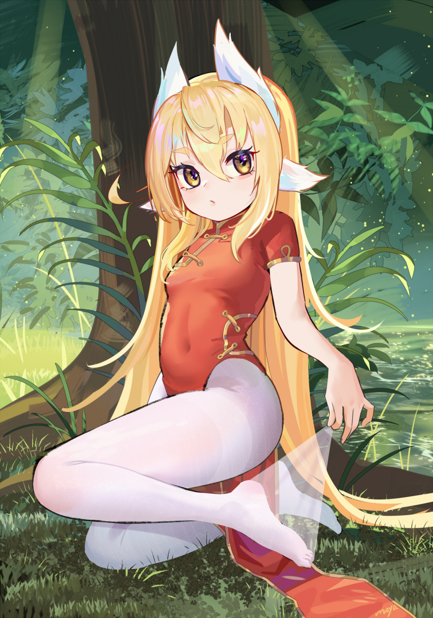 1girl bangs black_sclera blonde_hair breasts child china_dress chinese_clothes closed_mouth colored_sclera covered_navel crossed_bangs dress eyelashes fh_moya foliage forest full_body grass highres long_hair looking_at_viewer nature no_shoes original outdoors panties panty_pull pantyhose plant red_dress short_sleeves sidelocks skin_tight small_breasts solo thick_eyebrows tree underwear white_legwear yellow_eyes