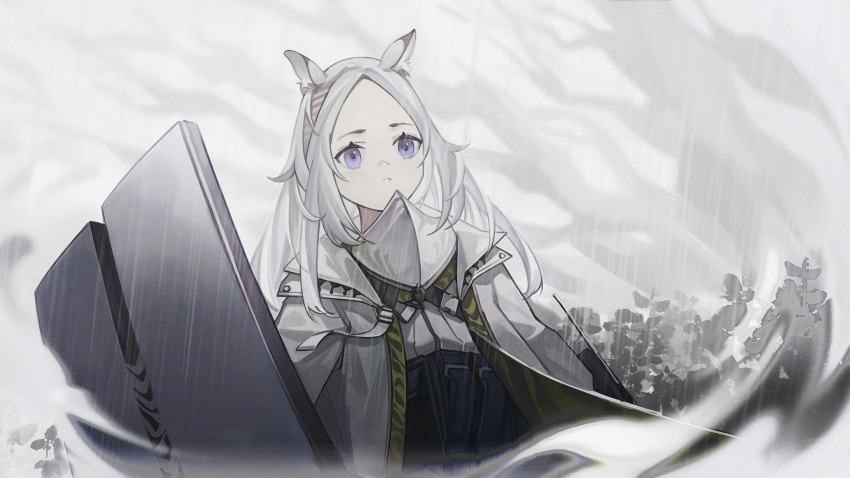 1girl animal_ear_fluff animal_ears arknights blush clouds cloudy_sky coat commentary gorget hairband heavyrain_(arknights) highres long_hair pen_liangshui_po_ya_po rain shield sky solo tactical_clothes violet_eyes white_coat white_hair