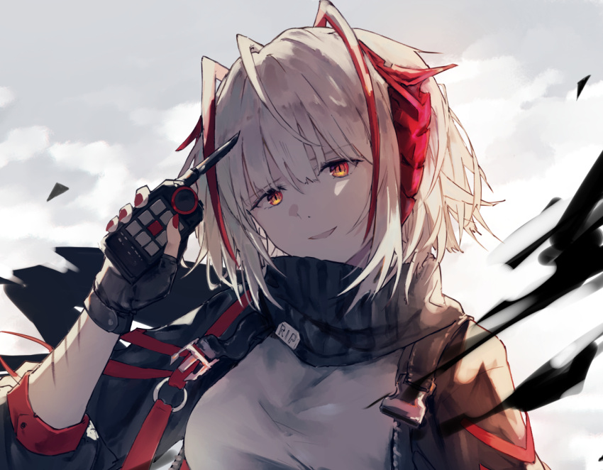 1girl arknights arm_up black_jacket breasts buckle clouds cloudy_sky detonator eyebrows_visible_through_hair fingerless_gloves gloves hair_between_eyes horns jacket ken1212ab medium_hair multicolored_hair o-ring open_mouth orange_eyes red_eyes red_nails redhead scar_on_arm scarf shirt sky smile solo streaked_hair two-tone_hair upper_body w_(arknights) white_hair white_shirt yellow_eyes