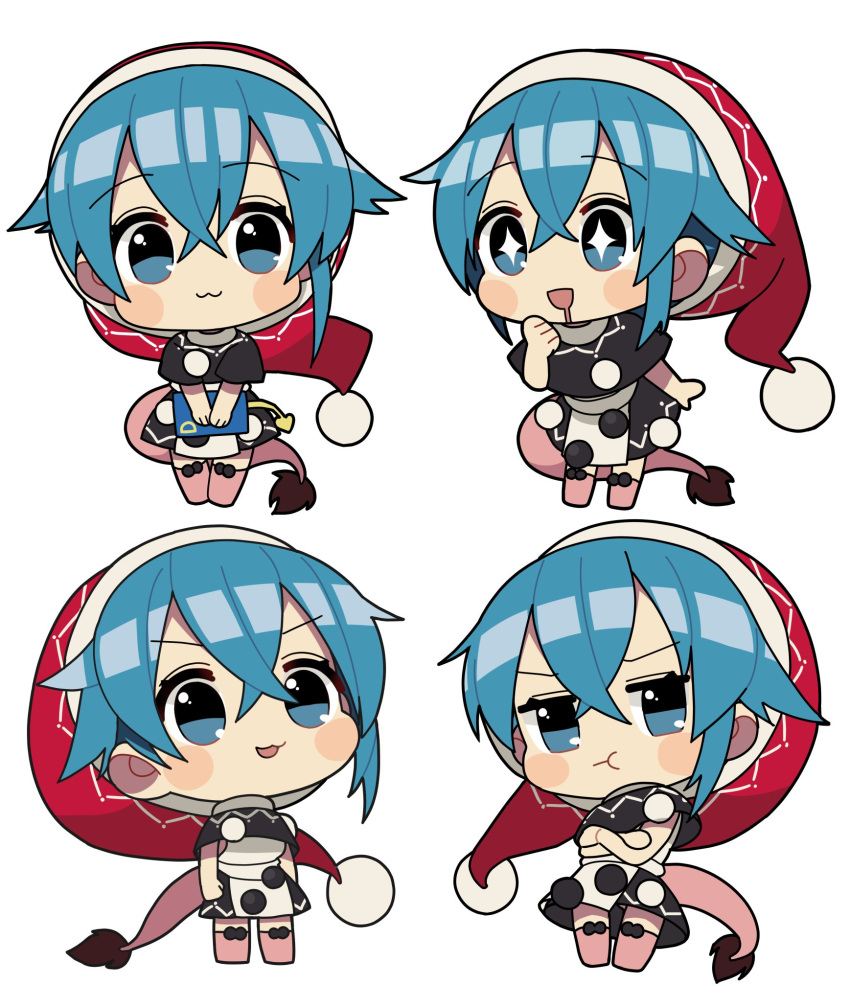 +_+ 1girl :3 :d bangs black_capelet blue_eyes blue_hair book capelet chibi doremy_sweet dress expressions eyebrows_visible_through_hair full_body hat highres holding holding_book multiple_views nightcap open_mouth pink_footwear pom_pom_(clothes) pout red_headwear sakaki_(utigi) saliva saliva_trail short_hair simple_background smile standing tail tapir_tail touhou white_background white_dress
