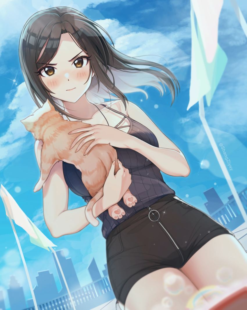 1girl absurdres animal animal_hands bare_arms bare_shoulders black_shorts blue_sky blush breasts brown_eyes brown_hair camisole cat cityscape closed_mouth cow day dutch_angle heart highres holding holding_animal holding_cat idolmaster idolmaster_cinderella_girls long_hair medium_breasts mukai_takumi outdoors rooftop shangzi short_shorts shorts sky sleeveless sparkle symbol-only_commentary twitter_username v-shaped_eyebrows wind zipper zipper_pull_tab