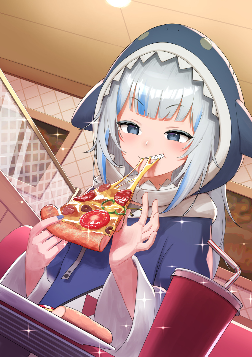 1girl absurdres arimoto_wataru bangs blue_eyes blue_hair blue_nails blush commentary cup disposable_cup drinking_straw eating english_commentary eyebrows_visible_through_hair food gawr_gura highres holding holding_food holding_pizza hololive hololive_english hood hood_up hoodie indoors looking_at_viewer multicolored_hair nail_polish open_mouth pizza sharp_teeth silver_hair smile solo streaked_hair teeth two-tone_hair virtual_youtuber