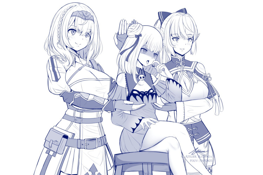 3girls artist_name astraea_(atelierastraea) belt bow braid breasts cleavage_cutout clothing_cutout copyright crossed_legs crown_braid detached_sleeves double_bun dress fingerless_gloves flat_chest gloves greyscale hair_bow hololive huge_breasts large_breasts meme monochrome multiple_girls partially_fingerless_gloves pixiv_id ponytail pouch servants_holding_aphrodite's_breasts_(meme) shaded_face shirogane_noel short_dress shuumatsu_no_valkyrie signature sitting stool uruha_rushia vambraces