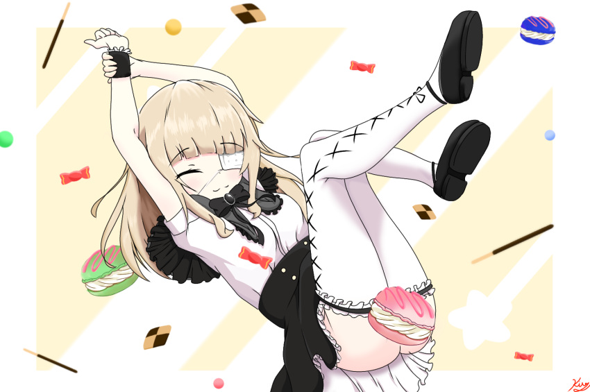 black_footwear black_skirt blonde_hair bow bowtie candy closed_eyes cookie eyepatch food hand_up macaron pocky shio_tatsumi shirt skirt smile tedomi_kiro white_shirt