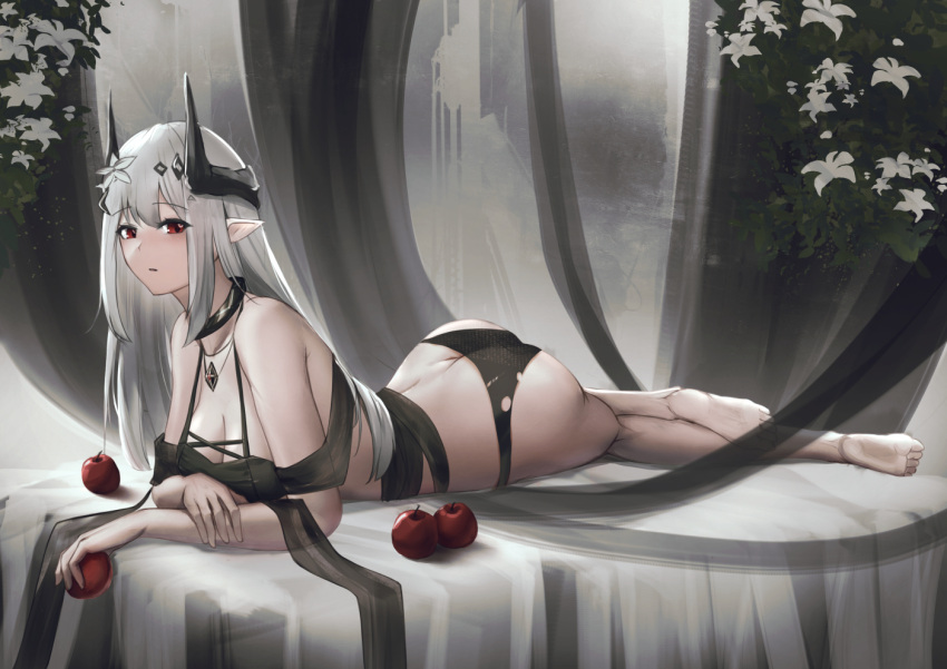 1girl apple arknights ass bangs barefoot bikini black_bikini breasts choker demon_wings eyebrows_visible_through_hair flower food fruit full_body hair_flower hair_ornament holding holding_food holding_fruit horns jewelry krirk large_breasts looking_at_viewer lying mudrock_(arknights) mudrock_(silent_night)_(arknights) necklace on_stomach parted_lips pointy_ears red_eyes soles solo strap_gap swimsuit white_hair wings