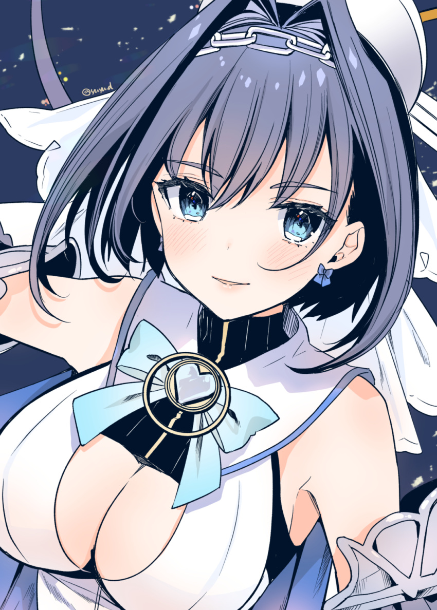 1girl bangs blue_eyes blush breasts cleavage_cutout closed_mouth clothing_cutout earrings eyebrows_visible_through_hair highres hololive hololive_english jewelry large_breasts looking_at_viewer ouro_kronii purple_hair short_hair smile solo twitter_username upper_body virtual_youtuber yu_yu