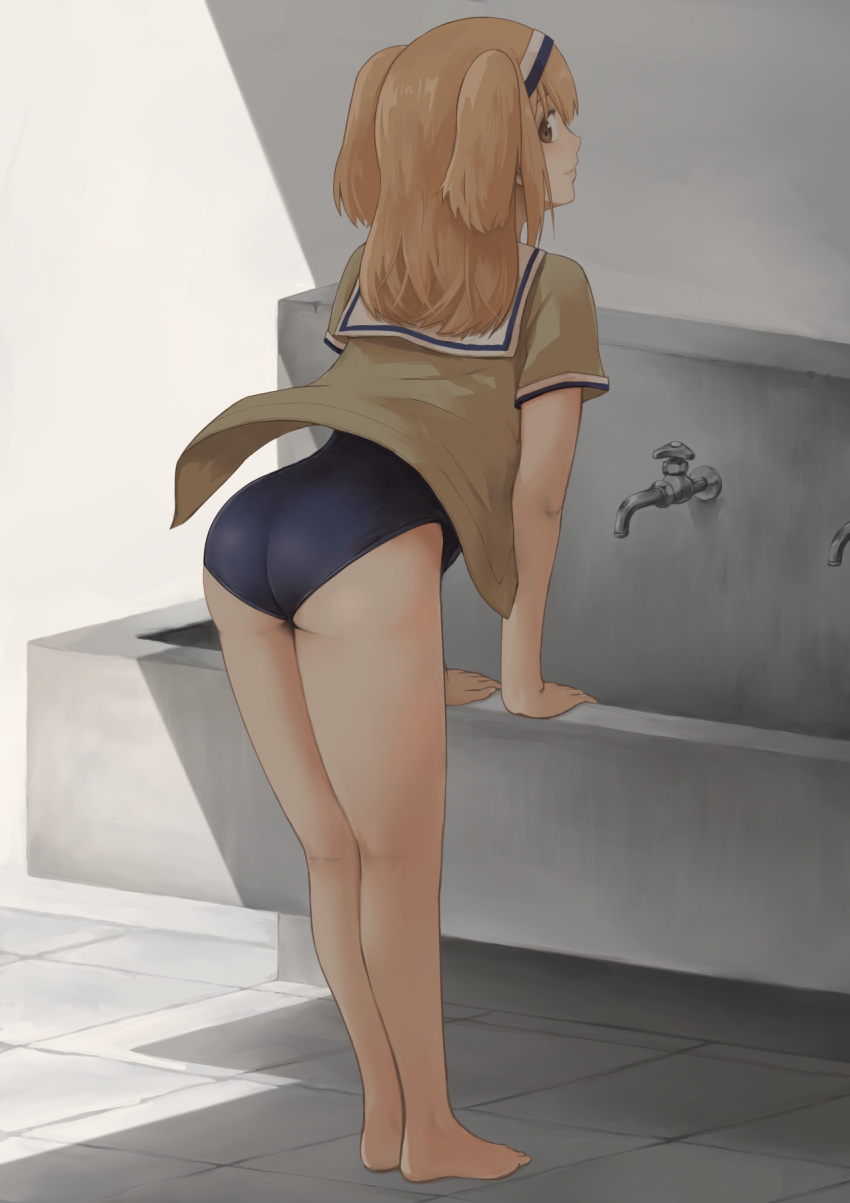 1girl ass blue_swimsuit brown_jacket hairband highres i-26_(kancolle) jacket kantai_collection light_brown_eyes light_brown_hair long_hair miyasutou new_school_swimsuit old_school_swimsuit one-piece_swimsuit sailor_collar school_swimsuit short_sleeves solo standing swimsuit swimsuit_under_clothes two-tone_hairband two_side_up