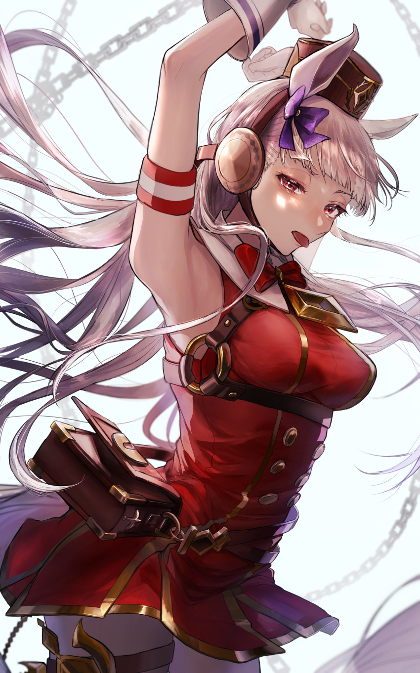 1girl absurdres alternate_eye_color animal_ears armband arms_up bag bangs blunt_bangs bow bowtie breasts chain chest_harness cowboy_shot gloves gold_ship_(umamusume) grey_hair hair_bow harness hat highres horse_ears horse_girl horse_tail long_hair pantyhose pillbox_hat pipi red_eyes red_neckwear sleeveless solo tail tongue tongue_out umamusume white_gloves white_legwear